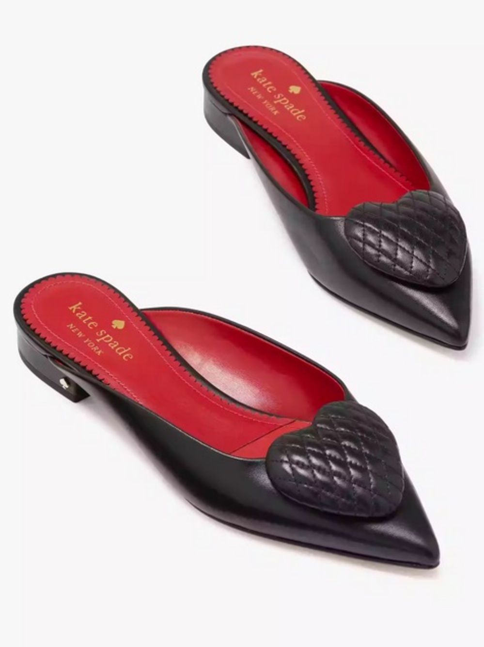 kate spade Black Quilted Heart Pointed Mules with Red Insole